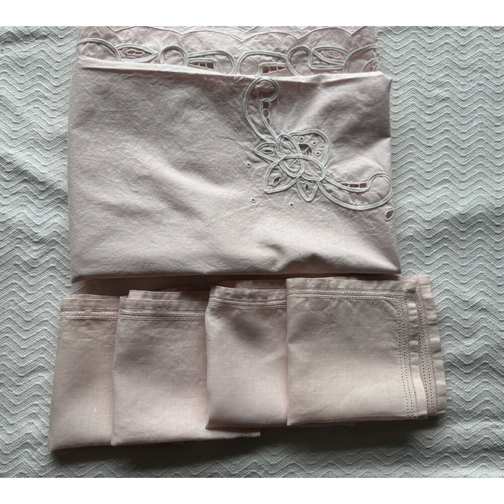 VTG Battenburg Lace Tablecloth Topper Pale Pink 4 Cocktail Napkins Cottagecore